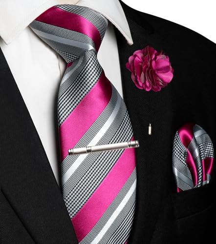Image of JEMYGINS Mens Striped Tie and Lapel Pin Necktie Pocket Square and Tie Clip Sets for Business Casual 4PCS