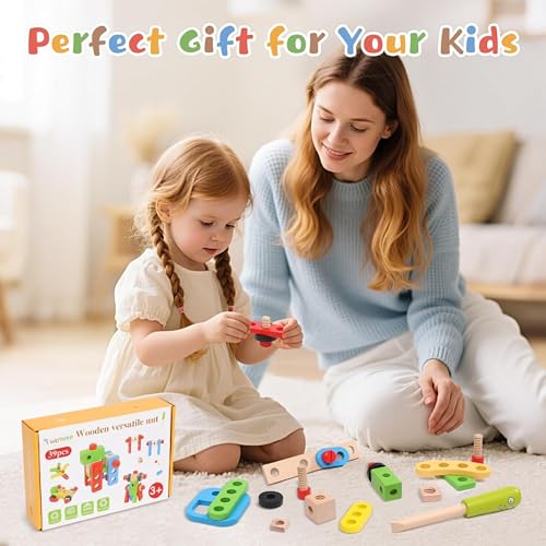 Image of Wooden Tool Kit Set (39 Pcs) | Portable Pretend Play Construction Tools Kit for Kids | STEM Learning Mechanic Toy | Montessori Educational Gift for Boys & Girls Age 3-6