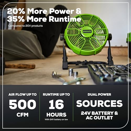 Image of Greenworks 24V 10 inch (5-Speed) Hybrid Fan (500 CFM) and 500 Lumens Lantern, with 2x2.0Ah Battery and Charger