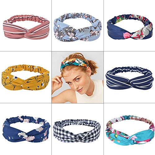 Sinland Boho Headbands for Women 8 Pack Vintage Elastic Printed Hair Band Cross Elastic Head Wrap Twisted Cute Hair Accessories