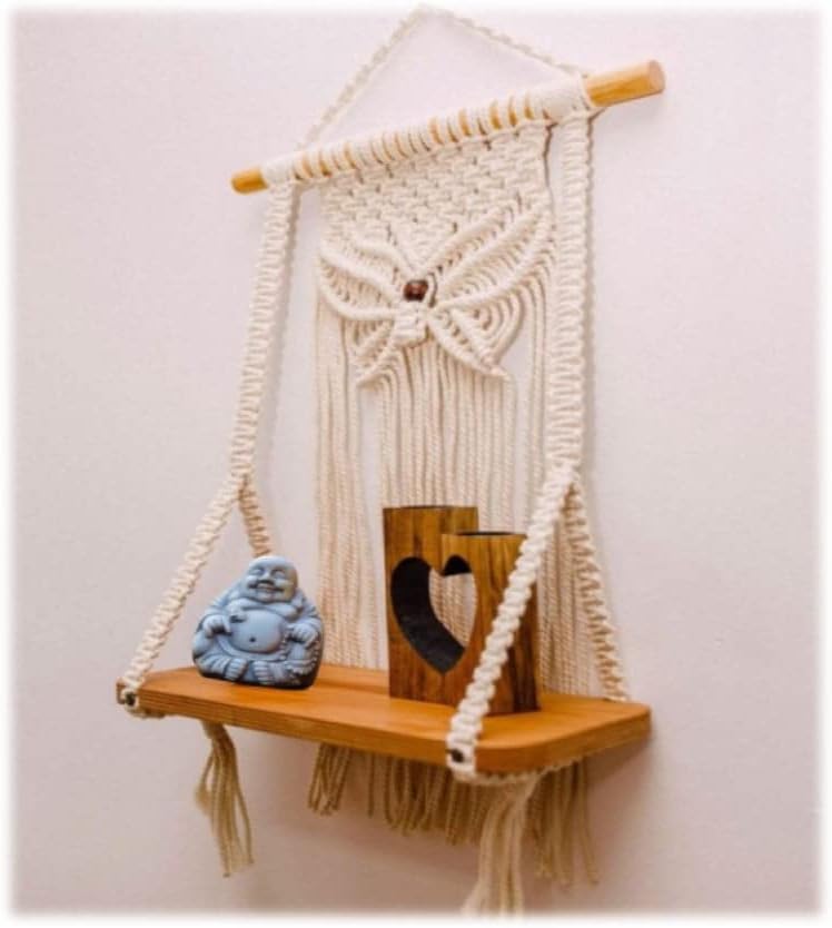 Macrame Wall Hanging Shelf Indoor Boho Wall Decor for Bedroom Handmade Woven Cotton Rope Bohemian Pattern,Tapestry Art Decor Cotton Decorations for Home Garden, (Set of 1 Beige)