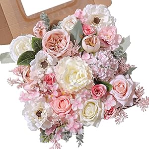Artificial Flowers Combo Silk Mix Fake Flowers Leaf for DIY Wedding Bouquets Floral Centerpieces for Tables Party Baby Shower Home Decorations(Pink White)