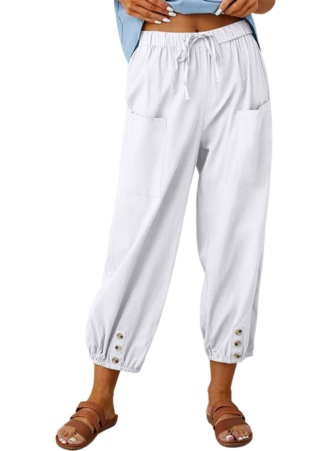 yoeasy Women Cotton and Linen Drawstring Capri Pants Casual High Waist Pocket Cropped Pants