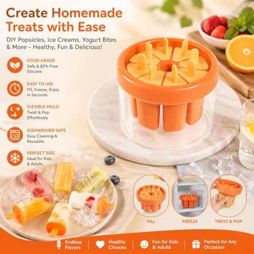 Image of BPA Free Ice Lolly and Kulfi Maker Set of 8 Reusable Popsicle Moulds Food Grade Plastic Ice Cream Popsicle Maker for Home Kitchen Multicolor (Peach)