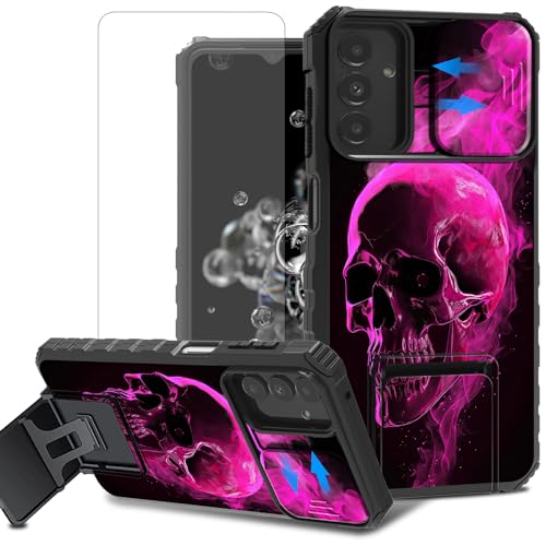 for Samsung Galaxy A14 5G Case with Screen Protector for A14 Samsung Phone Case with Slide Camera Cover & Kickstand Dual Layer Hybrid Heavy Duty Shockproof Cover,Pink Skull