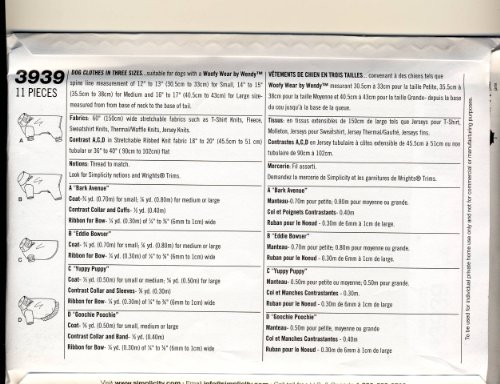 Simplicity 3939 Schnittmuster für Hundekleidung in drei Größen – Woofy Wear von Wendy