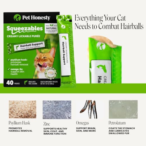 Image of Cat Hairball Remedy Lickable Treats - Squeezable Puree Pouches for Hairball Treatment, Furball Relief Control Supplement with Fiber and Fish Oil for Indoor Cats, Skin + Coat, Digestion (Salmon, 40 Ct)