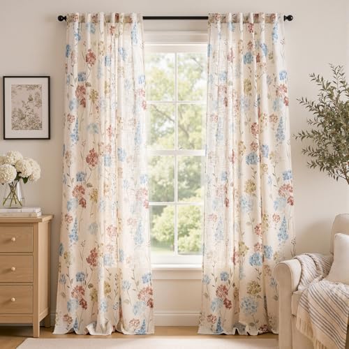 Image of jinchan Floral Linen Curtains 96 Inch Vintage Cottagecore Back Tab 2 Panels