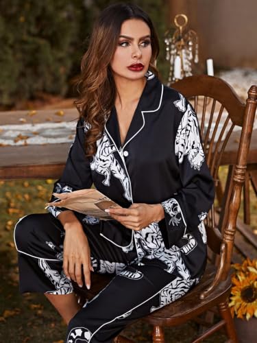 Image of Brosloth Women's Silk Satin Pajamas Long Sleeve Button Up Loungewear Set | Button Down Animal Print Pajamas, Ladies Fancy Pajama sets, Two Piece Lounge Set, Notch Collar Lightweight Sleepwear, Gift