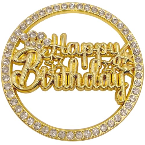 Image of Gold Happy Birthday Brooch Pin for Women - Modern Metal Pin with Crystal Decoration for Birthday Party