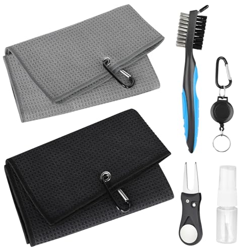 Microfiber Golf Towels, Golf Cleaning Towel Set with Club Groove Cleaning Brush, Portable Spray Bottle and Divot Repair Tool, Suitable for Golf Courses and Enthusiasts, Golf Accessories for Men