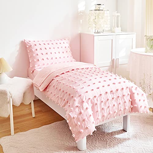 4 Pieces Tufted Dots Toddler Bedding Set Solid Pink Jacquard Pom Pom Tufts, Soft And Embroidery Shabby Chic Boho Design For Baby Girls, Includes Comforter, Flat Sheet, Fitted Sheet And Pillowcase #TOP1