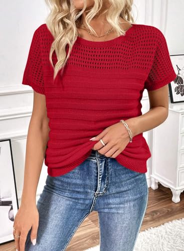 Image of SHEWIN Womens Sweaters Crew Neck Short Sleeve Shirts Summer Tops Knit Hollow Out T Shirts Sweater Blouses