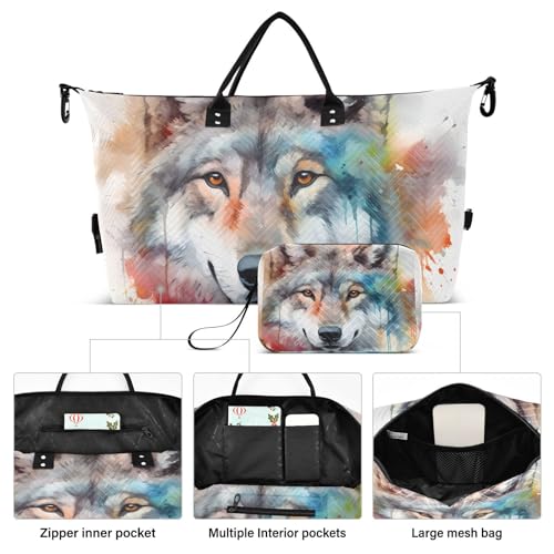 Large Travel Duffel Bag, Doodle Face Wolf Watercolor Sport Tote Gym Bag, Shoulder Weekender Overnight Bag for Women Men, Carry On Luggage with Toiletry Bag2