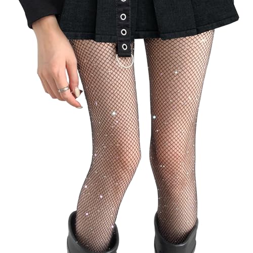 Image of Women Sparkly Mesh Fishnet Tights Glitter Rhinestone Fishnets Sexy Fashion Stockings for Girls Ladies