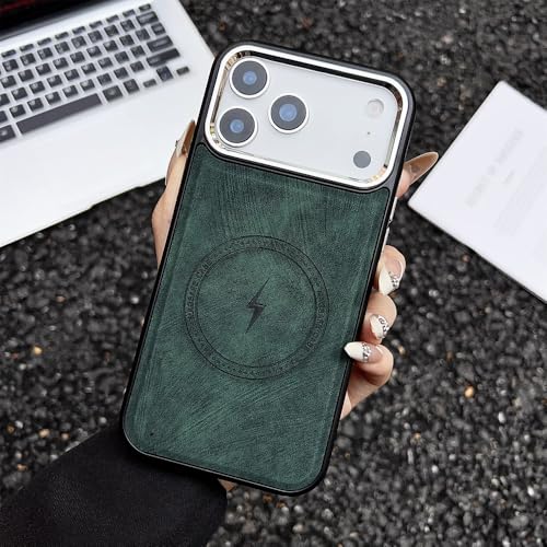 Étui de chargement magnétique en cuir vert foncé haut de gamme pour iPhone 15 Pro Max