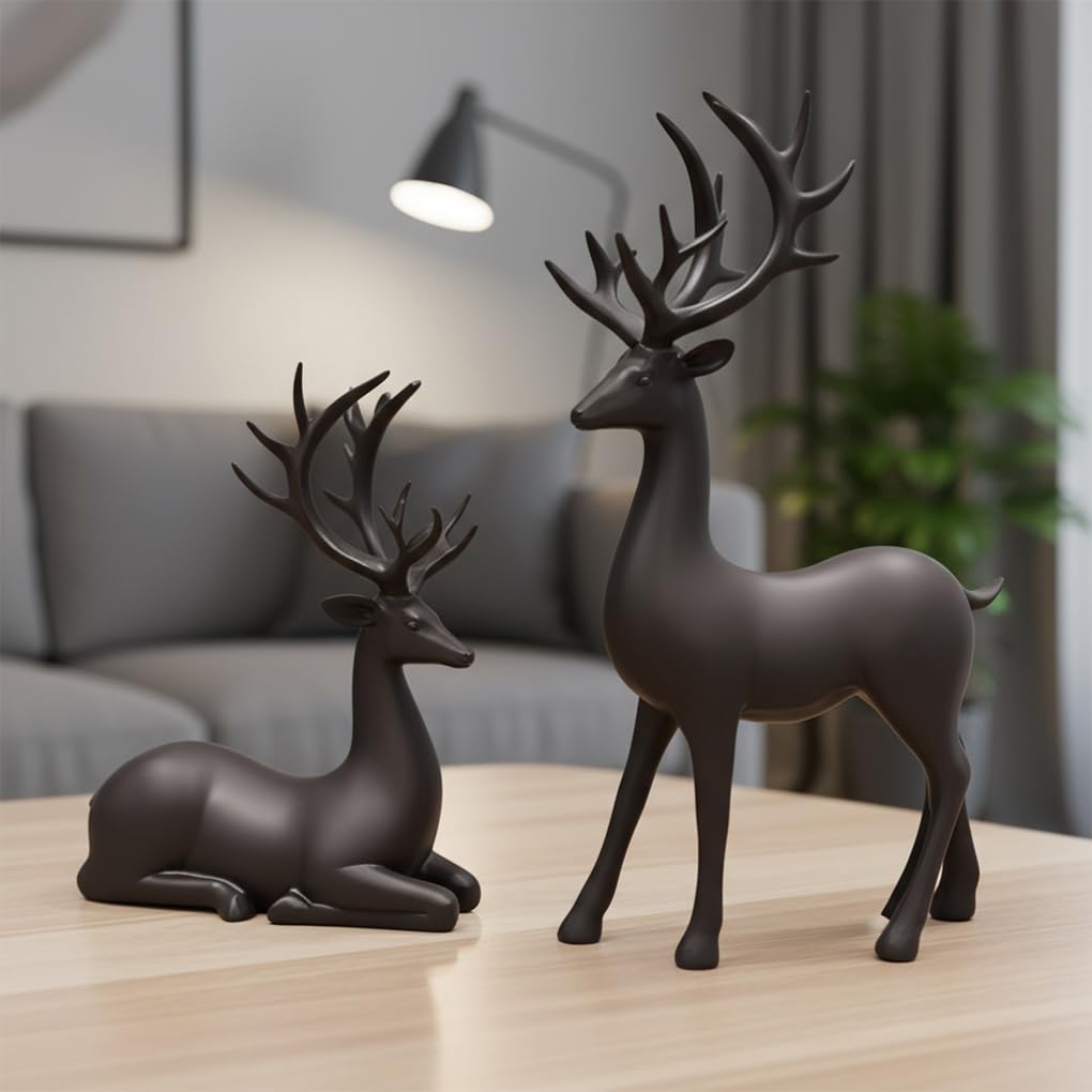Set de 2 Figuras Decorativas de Renos, Adorno Multifuncional Resina, Pulido a Mano, Ideal para Dormitorio o Escritorio, Negro