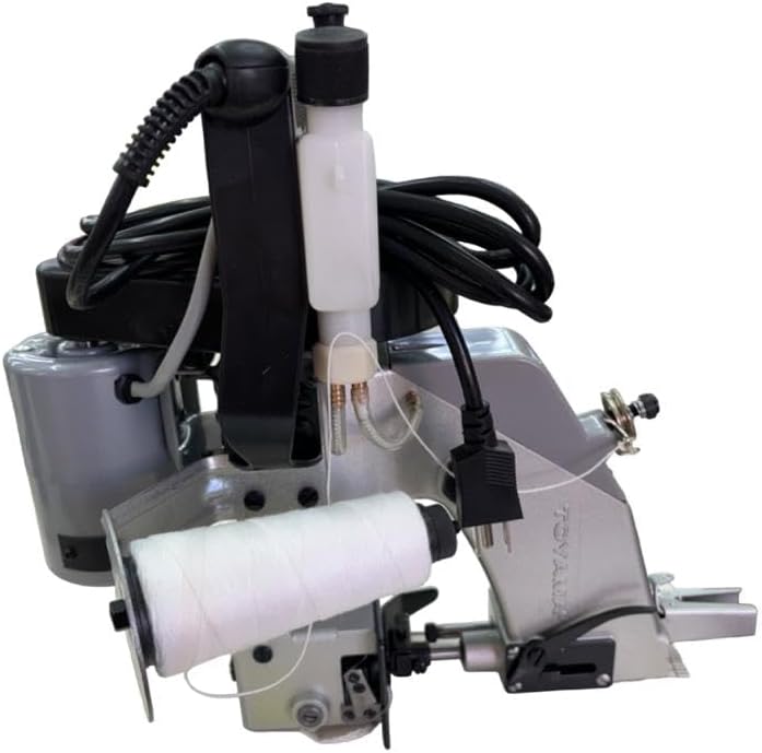 பக்கம் view of the Toyama Portable Bag Closer Sewing Machine, illustrating the thread spool and tension mechanism.
