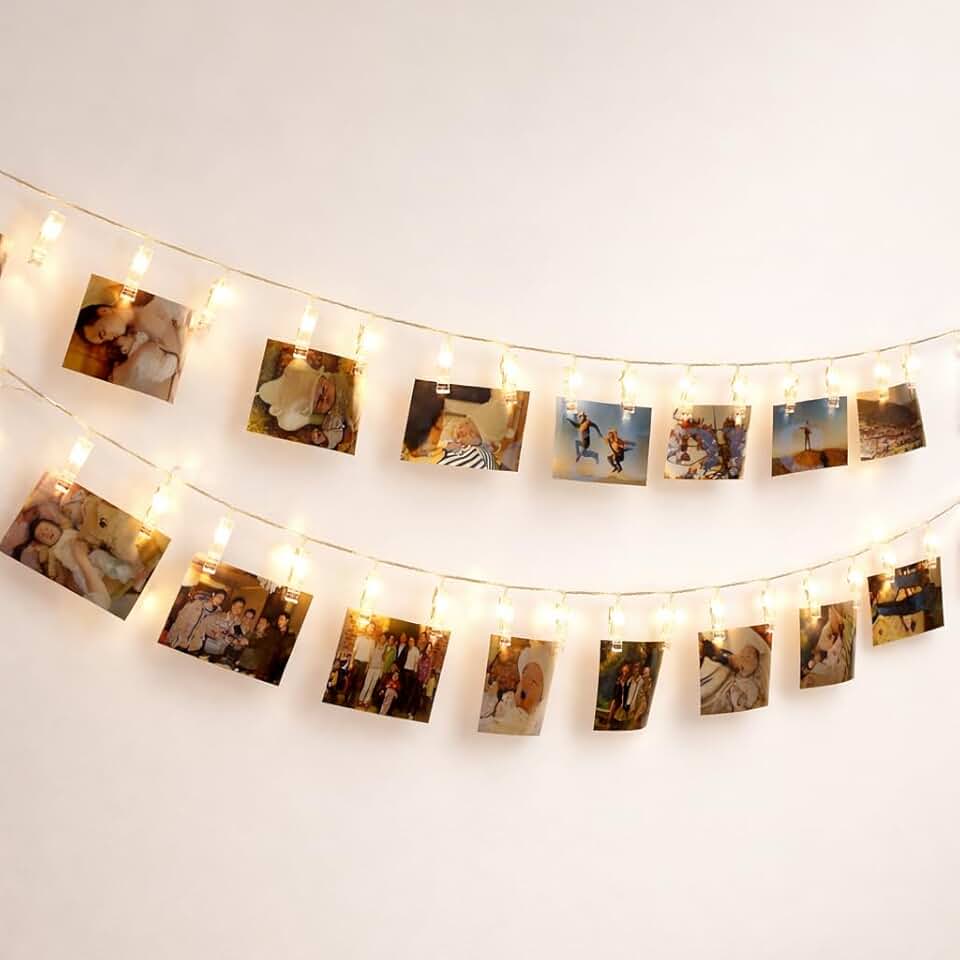 Varal de Luz LED 2 Metros com 10 Prendedores Iluminados, Luz Quente, Fio Transparente, Ideal para Fotos, Decoração, Festas e Quartos