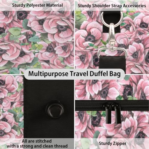 Pink Flower Travel Duffel Bag, Vintage Floral Sports Tote Gym Bag, Foldable Weekender Overnight Bag, Luggage Handle Bag for Women Men3