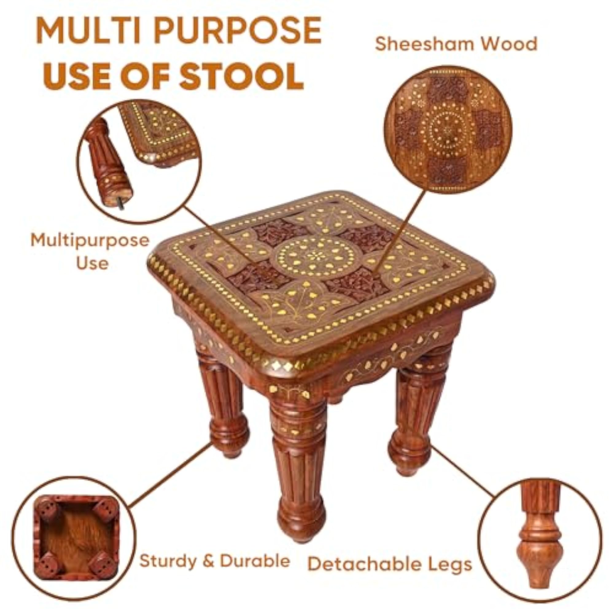 Sheesham Wood Folding Stool, 12 x 12 x 12 Inch