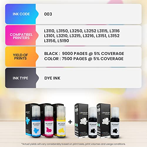 Splashjet 003 Compatible Refill Ink for Epson L3150, L3110, L3250, l3210, L3252, L3150, L3116, L3101,L3215, L3216, L3151, L3152, L3156, L5190... - Image 3