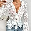 Women Mesh Lace Front Tie Tops Y2K Floral Embroidery Sheer Blouse Sexy See Through Long Sleeve Ruffle Tee Shirts (A-White, M) #5