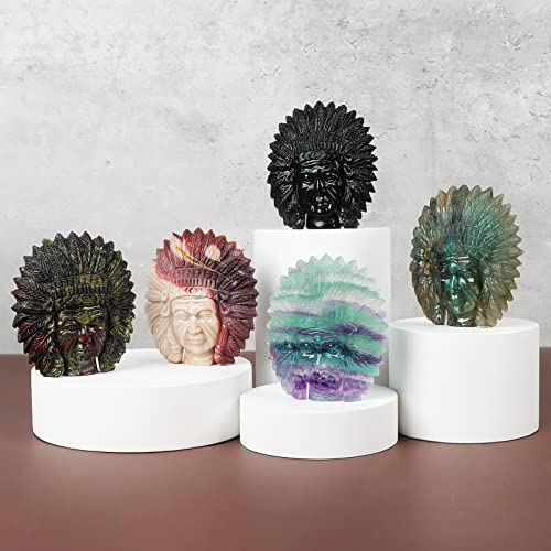 Smq 2.5" Rainbow Fluorite Crystal Indians Head Skull Figurines Hand Carved Gemstone Native American Chief Bust Statue Decor Healing Stones Collectables Ornament For Office,Room Decor(Gift Box) #TOP7