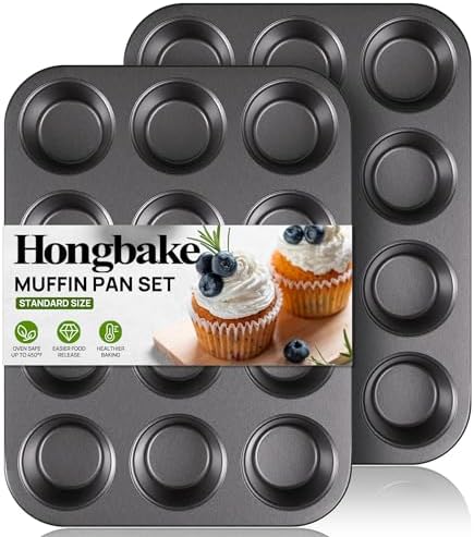 HONGBAKE Muffin Pan for Baking, Nonstick Cupcake Tin 12 Cup, 2 Pa...