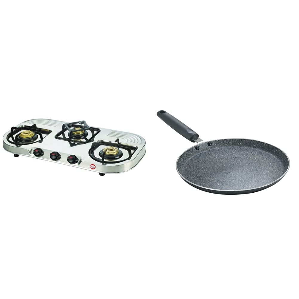 Prestige DGS 03 L Gas Stove, Silver & Omega Deluxe Granite Omni Tawa