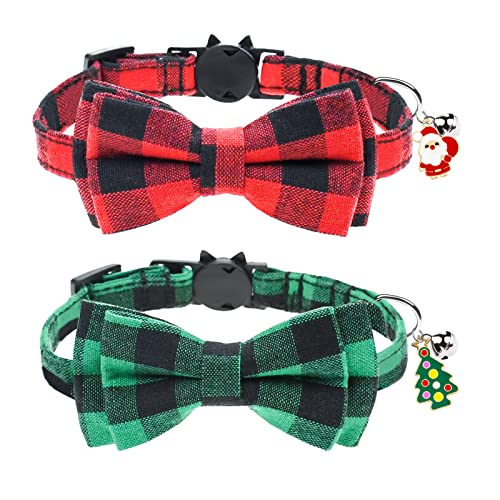 Peclot 2 Pack Christmas Cat Collar Breakaway with Bow Tie and Bell, Classical Buffalo Plaid Pet Collars with Santa and Xmas Tree, Adjustable Kitten Collar with Removable Bowtie for Kitty Kitten Cats