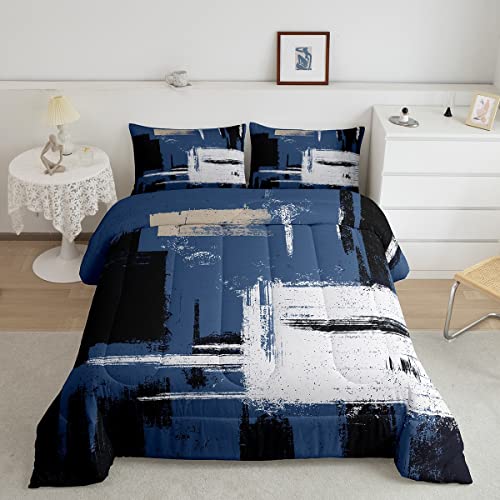 Abstract Bedding Set Comforter Set for Kids Boys Girls Teens Room Decor Modern Abstract Art Comforter Blue Black Grey Duvet Set 3Pcs Queen Size