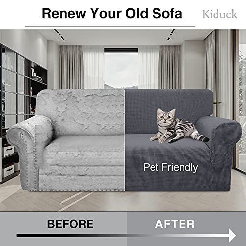 Kiduck Modern Water-Repellent Sofa Cover For 3 Cushion Couch, Stylish Jacquard Pattern High Stretch Couch Cover, Leakproof Furniture Protector With Elastic Bottom For Kids, Pets (Large,Gray) #TOP4