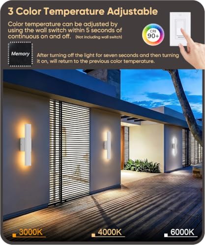 Image of Aipsun 15.7 inch LED Outdoor Wall Sconce, Modern White Exterior Wall Light | 2 Pack 3CCT(3000K-4000K-6000K) IP65 Waterproof, Memory Function, Linear Outside Wall Light for Entrance, Garage, Porch, Patio
