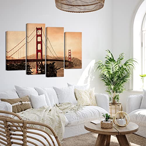 Sechars 4 Piece Vintage City Canvas Wall Art Retro Golden Gate Bridge Picture Print San Francisco California Cityscape Photo Painting Artwork For Home Office Decoration Ready To Hang #TOP1