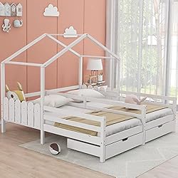 Cama doble, cama infantil, 200 x 90 cm, cuna con 2 cajones de MDF, cajones con ruedas, somier de láminas de pino, color blanco