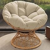 HRVEOCEI 40” Wicker Papasan Chair with Cushion and Frame, Oversized Papasan Chairs, 360° Swivel, Olefin, Adjustable Feet, Suitable for Living Room Patio Bedroom Indoor/Outdoor (Beige+Natural Wood)
