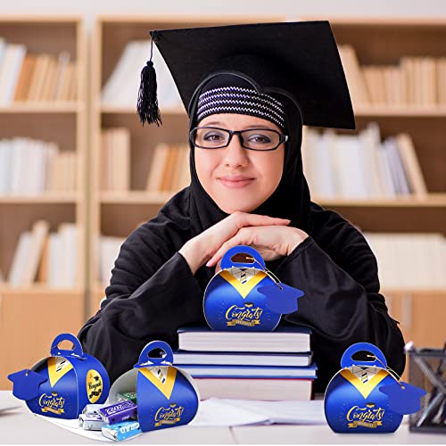 Spakon 50 Pcs Graduation Cap Gift Box Graduation Party Favor Boxes Class of 2025 Candy Boxes Gown Blue Treat Box with Grad Cards Stickers Table Centerpieces for School Grad Party Supplies