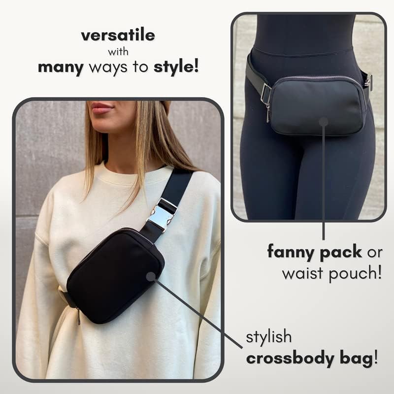 Boutique Belt Bag | Crossbody Fanny Pack for Women Fashionable | Cute Mini Everywhere Bum Hip Waist Pack | Fashion Travel Chest Bag | Silver Accessories | Adjustable Small Strap | Black - Image 5
