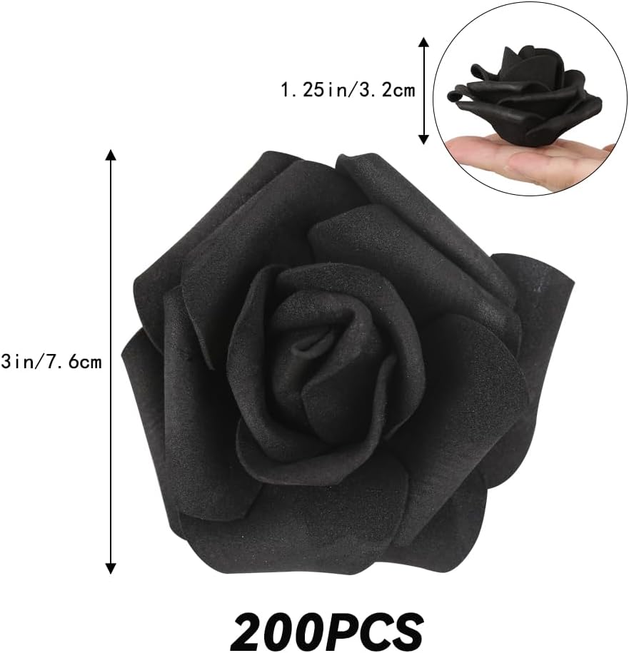 200pcs Black Artificial Foam Rose Flower Head, 3-Inch Fake Flower Heads Stemless Flowers for DIY Crafts,Wedding Bouquets Centerpieces Arrangements Party Baby Shower Home Decor (Black) - Image 2
