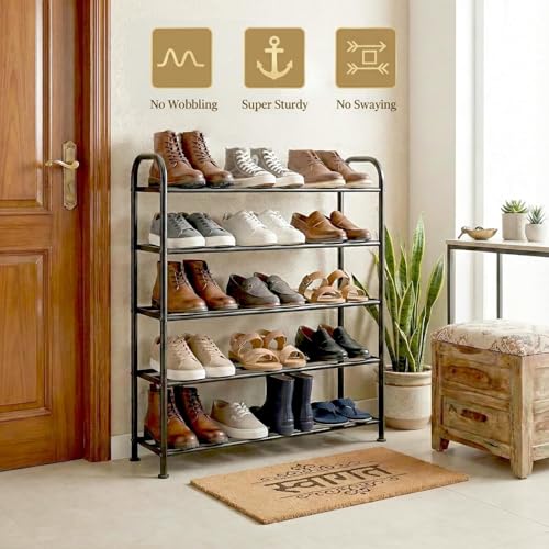 Image of Portable Shoe Rack for Home Plastic with Door,Adjustable Plastic Shoe Rack for Bedroom /Outdoor Waterproof, Shoe Storage Organizer,with Shelves Kitchen Runner Rug (Black, 5-Layer)