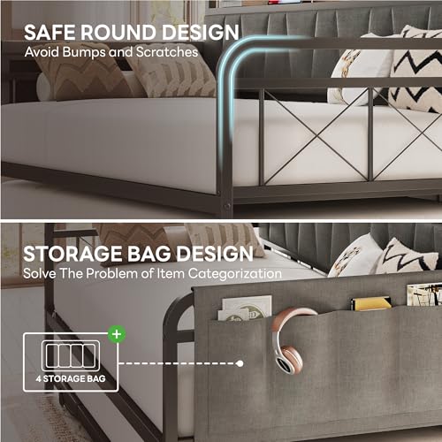Image of LIKIMIO Twin Daybed, Day Bed with Trundle, Storage Upholstered Headboard and Charging Station, Trundle Bed with Strong Supports for Living Room, Bedroom, and Guest Room, Grey