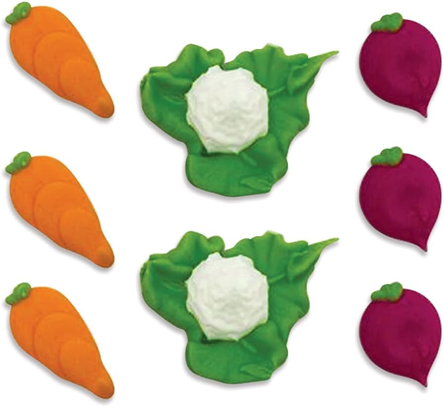 Hand-made Vegetable Patch Edible Sugarcraft Cake Toppers | Carrot, Cauliflower, Radish | 2-3cm each | SF611, Green, Orange, Violet