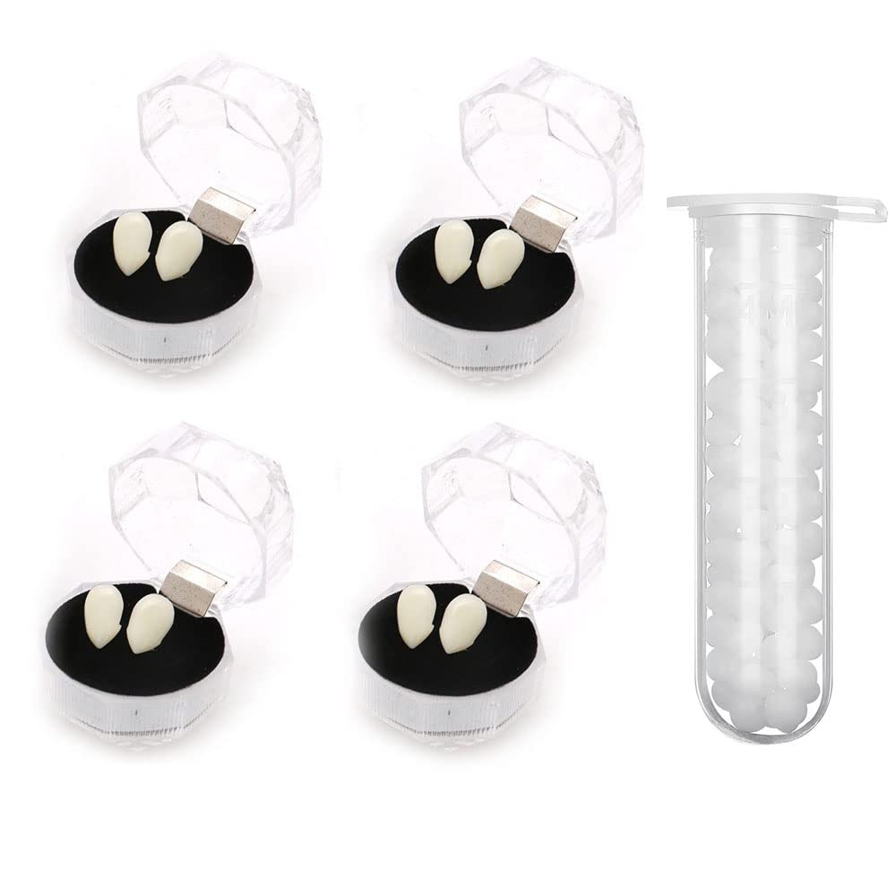 CWorld BabyWorld 5 Pieces Vampire Fangs Kit 4 Sizes Custom Fangs Vampire Teeth Fake Dentures with 1 Tube Teeth Pellets Adhesive for Cosplay Party Props Halloween Party Fangs White (13MM)