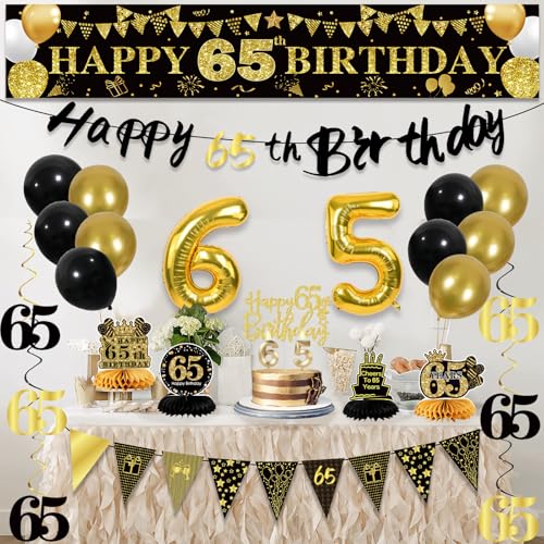 Image of 65th Birthday Decorations for Men, Black Gold 65th Party Decoration Kits | 27pcs Happy 65th Birthday Set, Banner, Honeycomb, Balloons, Gold Number, Candle, Hanging Swirls, Cake Topper, Party Supplies