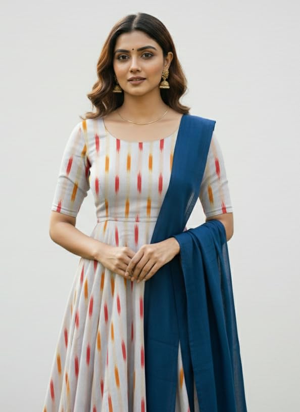Image of Cotton Pochampally ikat unstitched blouse, Kurthi, long frock fabric material for women (1 meter, 2 meters & 3 meters)