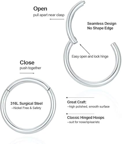 Miniatura 2 de Aro para nariz, con bisagra de acero quirúrgico 316L, 20G 18G 16G 14G, anillo, para oreja, joyería de piercing, diámetro desde 5mm hasta 14mm, oro,