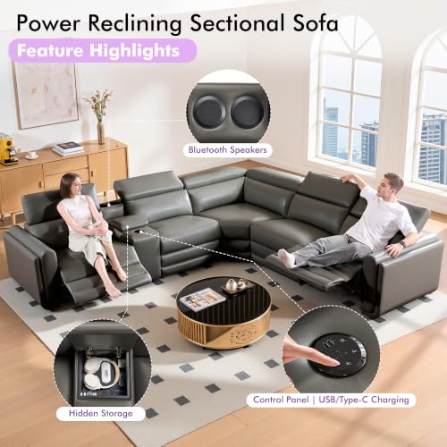 Image of Power Recliner Sofa, Leather Sectional Couch for Living Room, Dark Grey | 3 Bluetooth Speakers & Hidden Storage, Modern L Shaped Reclining Couch with 6 Charging Ports