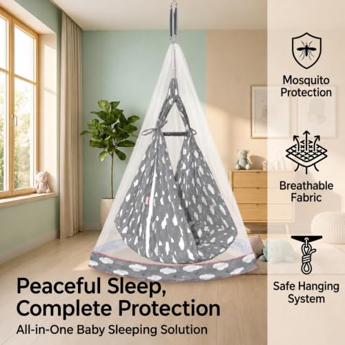 Image of VParents Sleeping Essentials with Mosquito Net & Spring, Sunny (Grey)