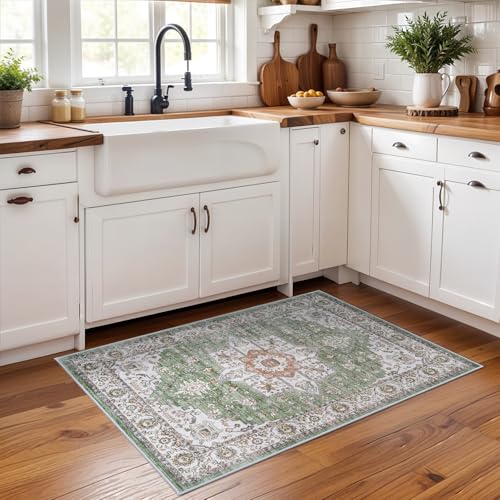 RUUGME Washable 2x3 Area Rugs - Non Slip Rug for Living Room Stain Resistant Carpet Vintage Tribal Rugs for Bedroom Kitchen Bathroom with Non Slip Backing Home Decor Floor Decoration Mat 2x3 Sage